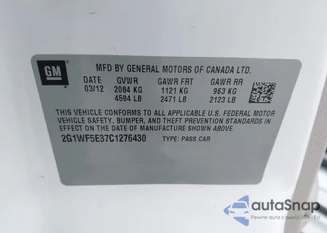 2012 Chevrolet Impala Ls from USA, damaged, VIN 2G1WF5E37C1276430